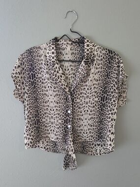 The O Boutique Leopard Tie-Front Button Shirt - Beige & Black